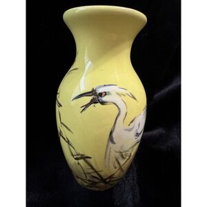 Vintage Japanese Vase Hand Painted Mad Bird Yellow Glazed Stamped